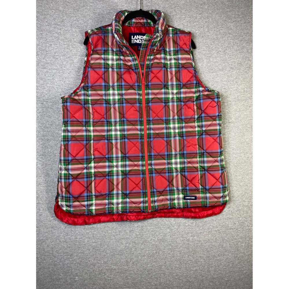 Lands End Womens XL Red Plaid Quilted Puffer Vest Full Zip Tartan Outerwear